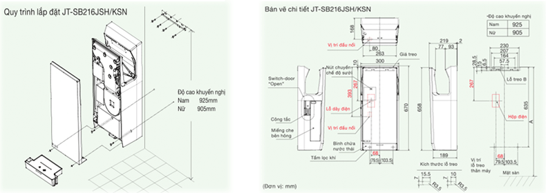 Quy trình lắp đặt và bản vẽ chi tiết máy sấy tay JT-SB216KSN